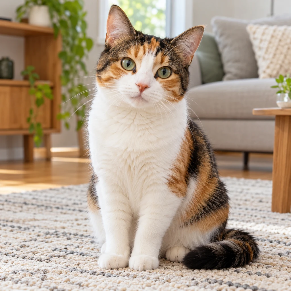A calico cat in a natural home portrait before styling