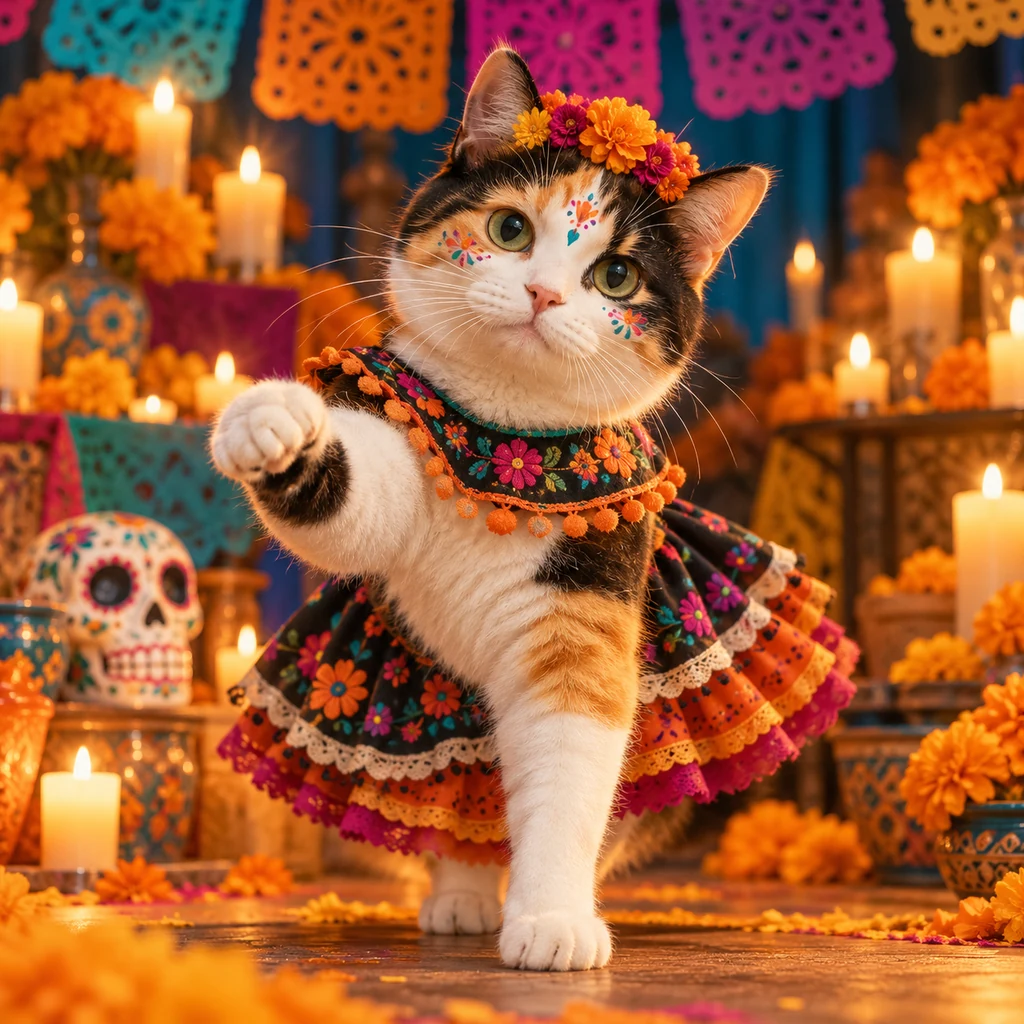 The same calico cat styled for a joyful La Calabaza dance scene